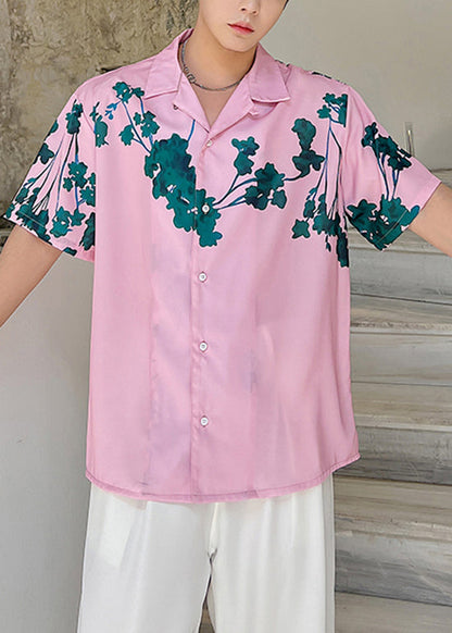 Summer Pink Short Sleeved Cuban Collar Men Hawaiian Shirts HG010