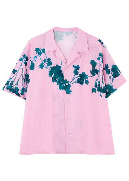 Summer Pink Short Sleeved Cuban Collar Men Hawaiian Shirts HG010