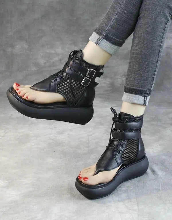 Summer Retro Ankle Strap Thong Wedge Sandals Ada Fashion
