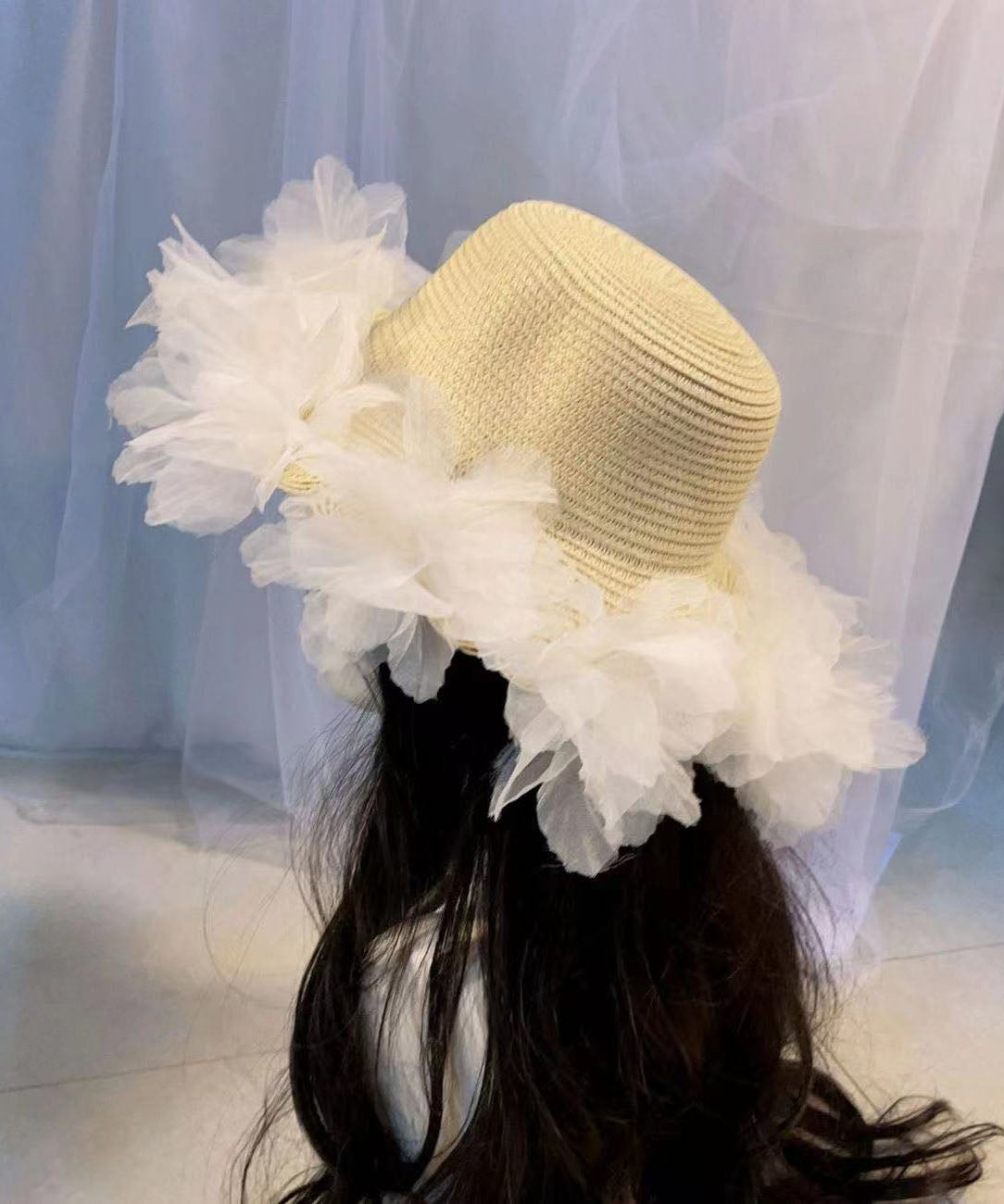 Summer Straw Woven Sun Hat With Large Lace And Large Flowers YU1013