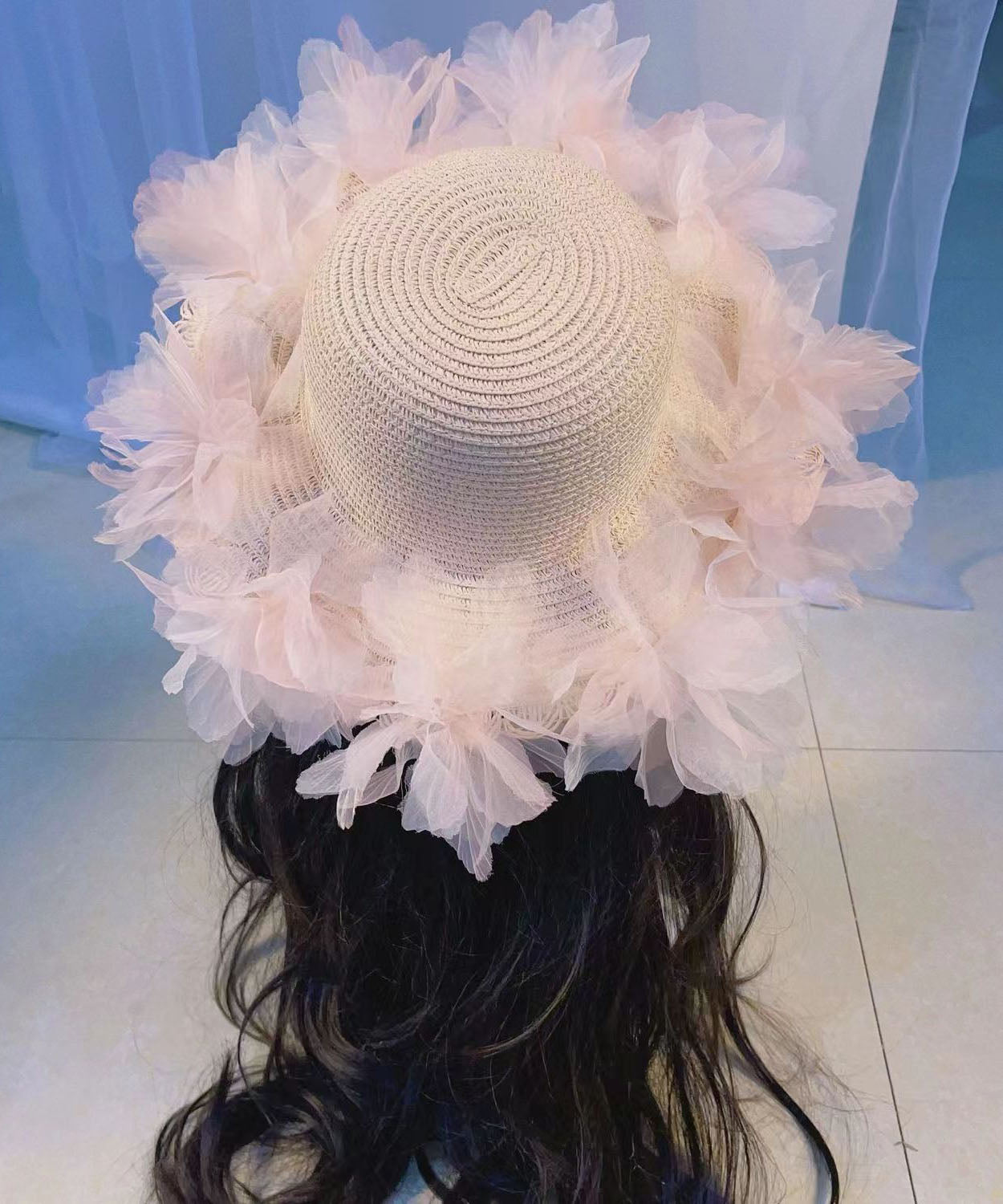 Summer Straw Woven Sun Hat With Large Lace And Large Flowers YU1013