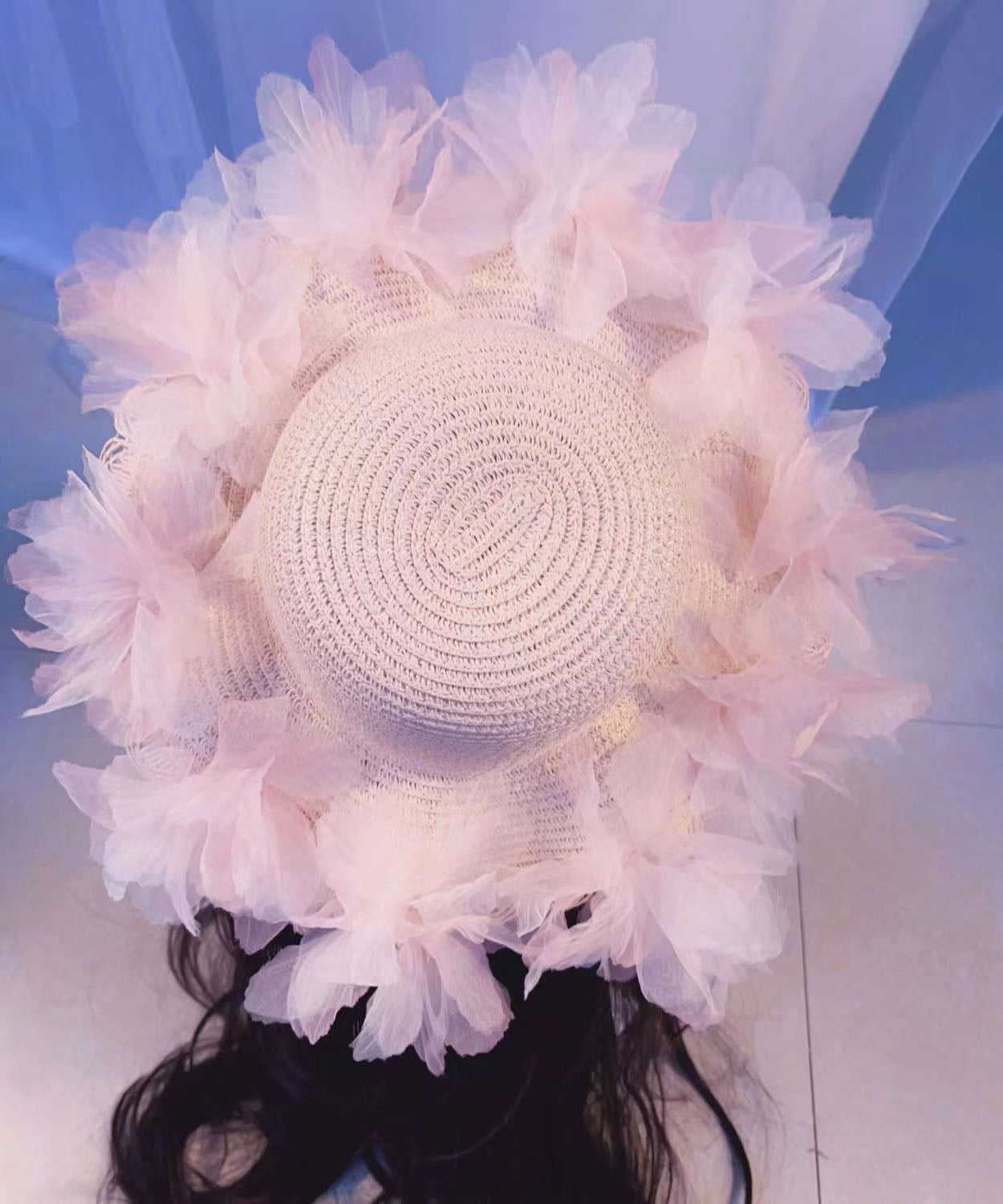 Summer Straw Woven Sun Hat With Large Lace And Large Flowers YU1013