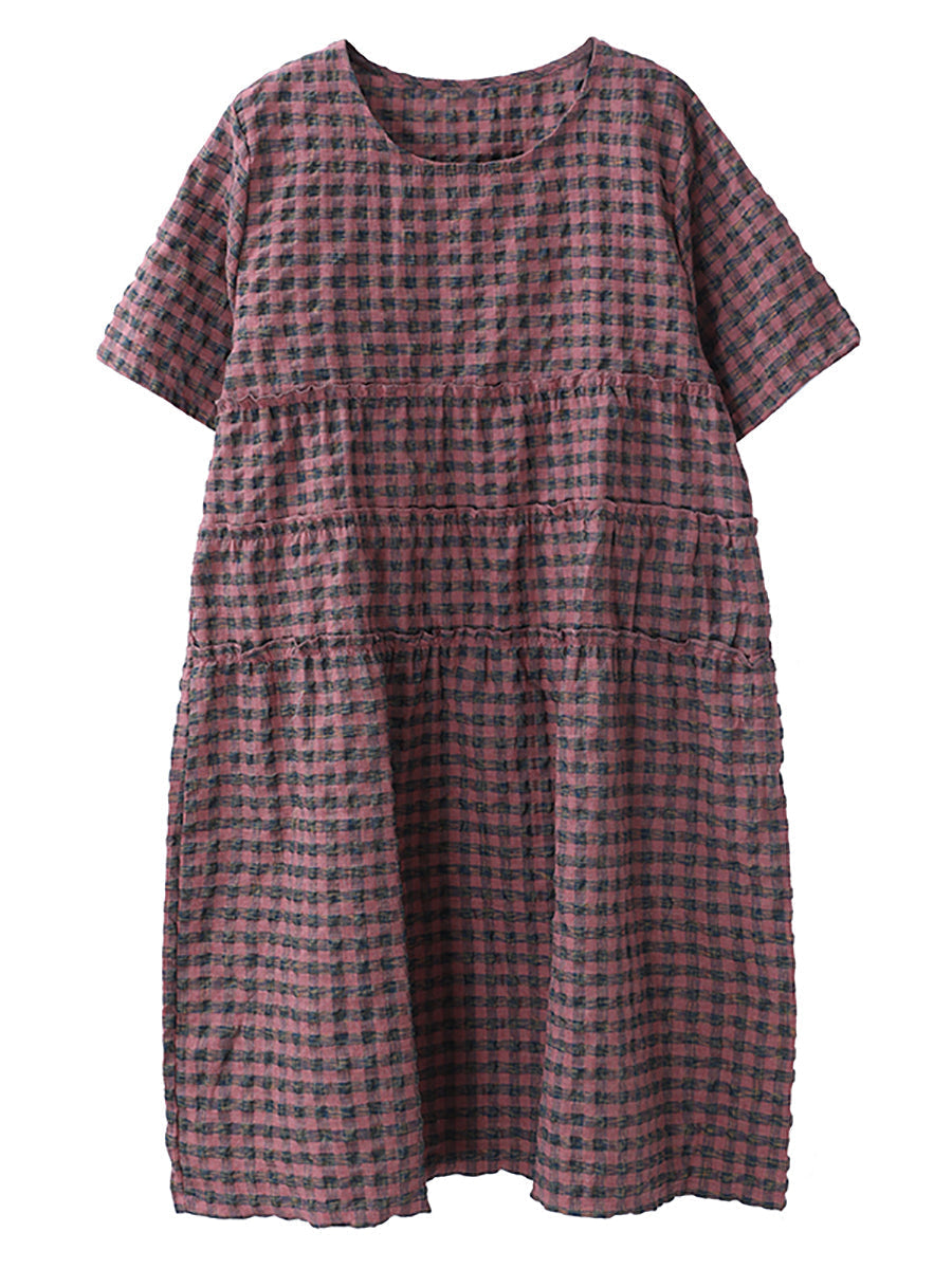 Plus Size Summer Plaid Round Neck Cotton Linen Midi Dress XX1060