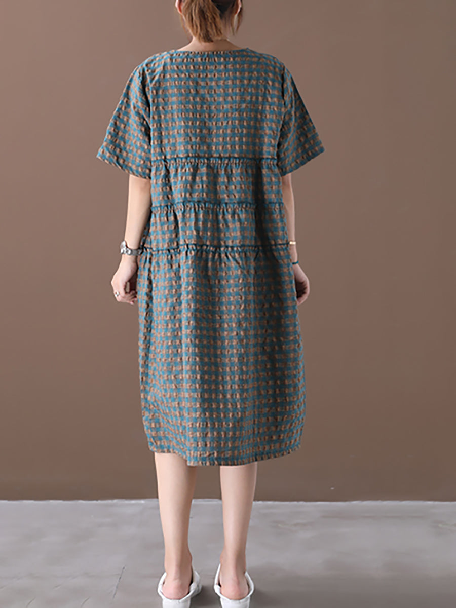 Plus Size Summer Plaid Round Neck Cotton Linen Midi Dress XX1060