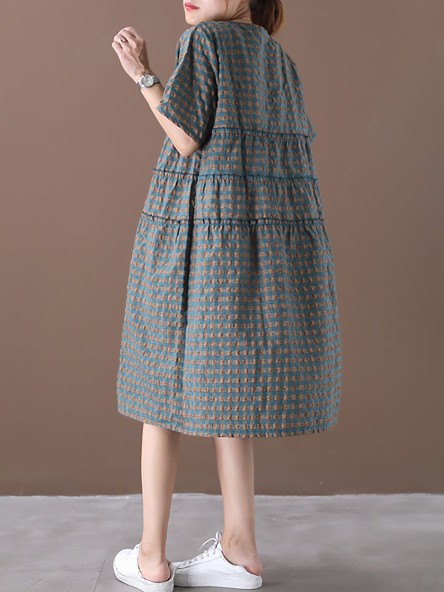 Plus Size Summer Plaid Round Neck Cotton Linen Midi Dress XX1060