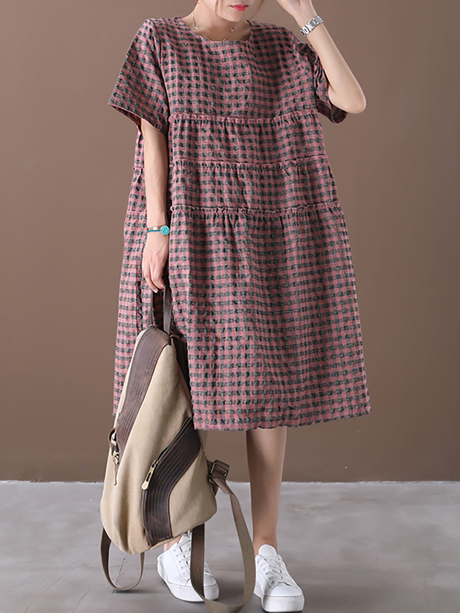 Plus Size Summer Plaid Round Neck Cotton Linen Midi Dress XX1060