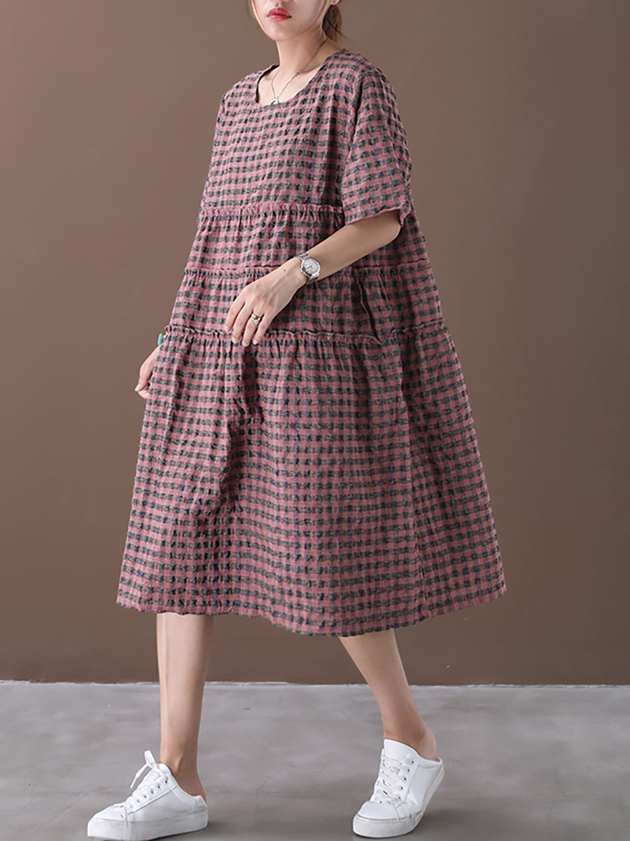 Plus Size Summer Plaid Round Neck Cotton Linen Midi Dress XX1060