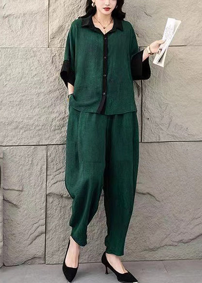 Ensemble de costume d'été en coton teint vert à deux cravates surdimensionnées