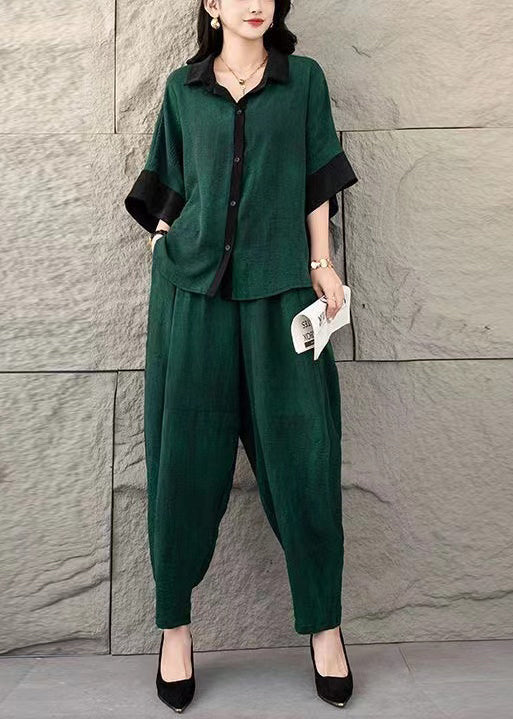 Ensemble de costume d'été en coton teint vert à deux cravates surdimensionnées