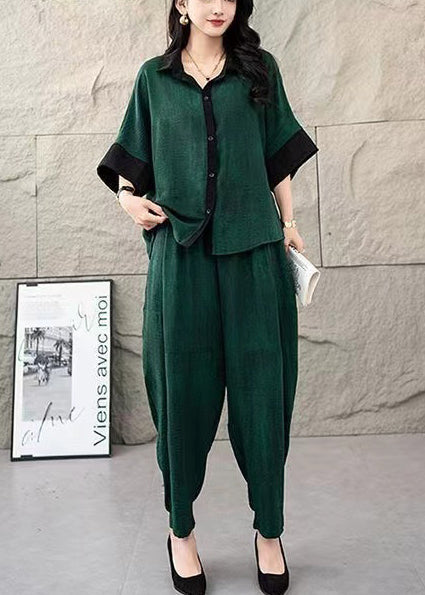 Ensemble de costume d'été en coton teint vert à deux cravates surdimensionnées