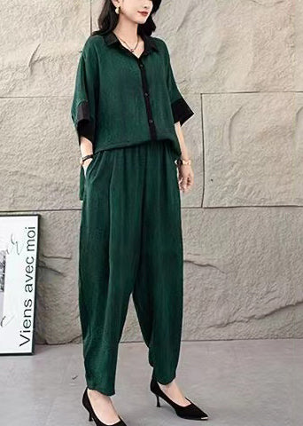 Ensemble de costume d'été en coton teint vert à deux cravates surdimensionnées