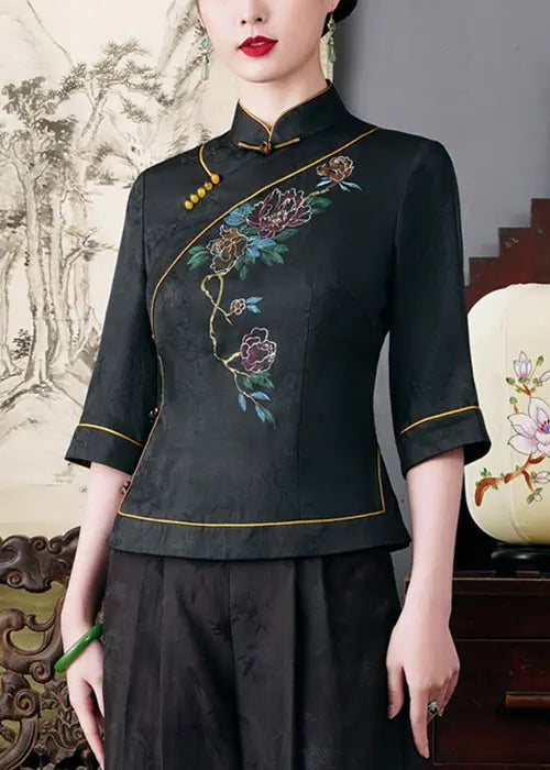 Top Quality Black Stand Collar Button Silk Top Half Sleeve Ada Fashion