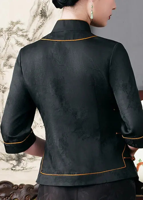 Top Quality Black Stand Collar Button Silk Top Half Sleeve Ada Fashion