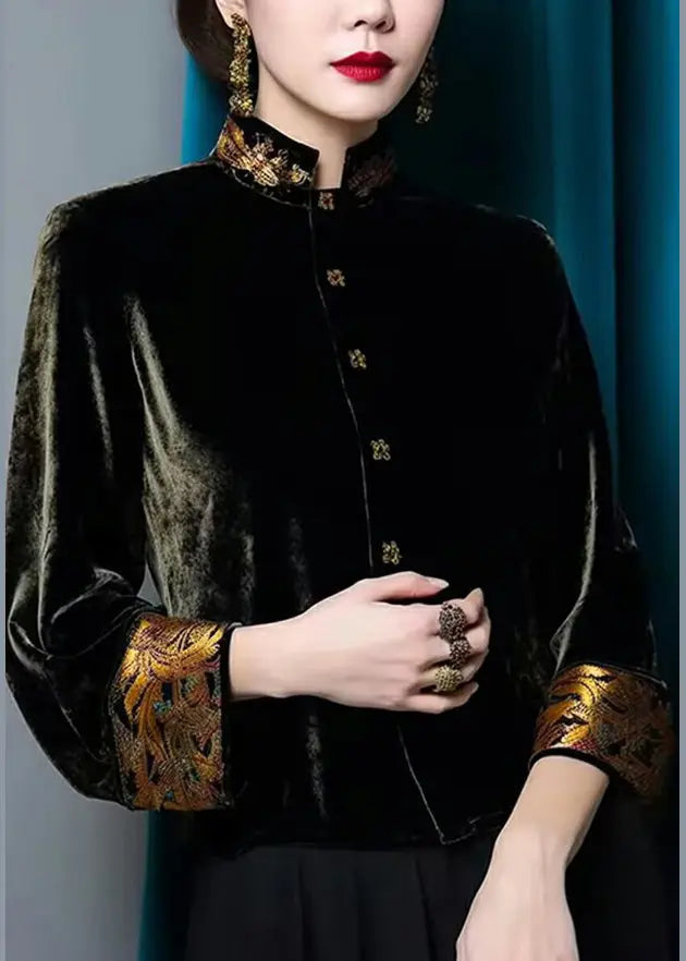 Top Quality Black Stand Collar Button Silk Velour Coats Fall Ada Fashion
