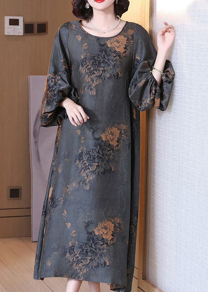 Top Quality Grey O Neck Print Silk Long Dresses Summer OP1061