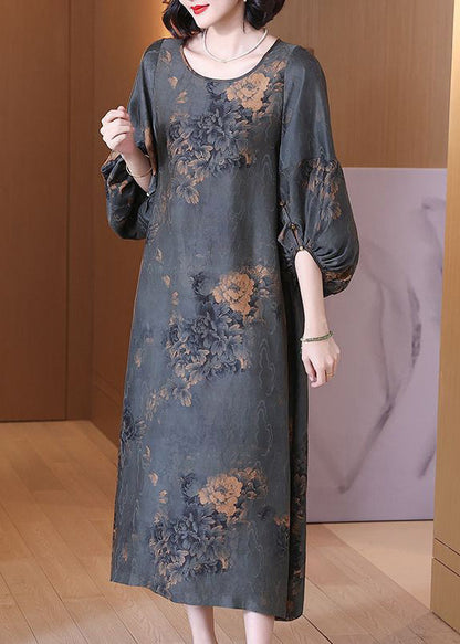 Top Quality Grey O Neck Print Silk Long Dresses Summer OP1061