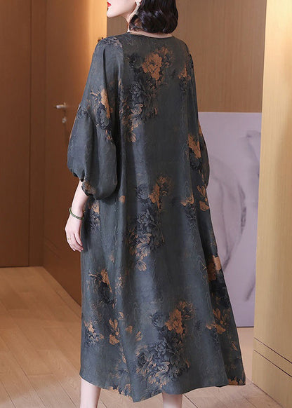 Top Quality Grey O Neck Print Silk Long Dresses Summer OP1061