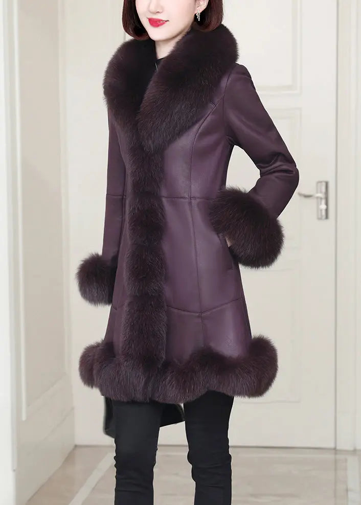 Top Quality Purple Rabbit Hair Collar Pockets Leather And Fur Coats Winter Ada Fashion