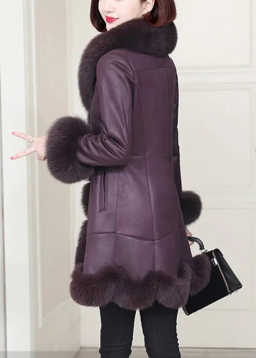 Top Quality Purple Rabbit Hair Collar Pockets Leather And Fur Coats Winter Ada Fashion