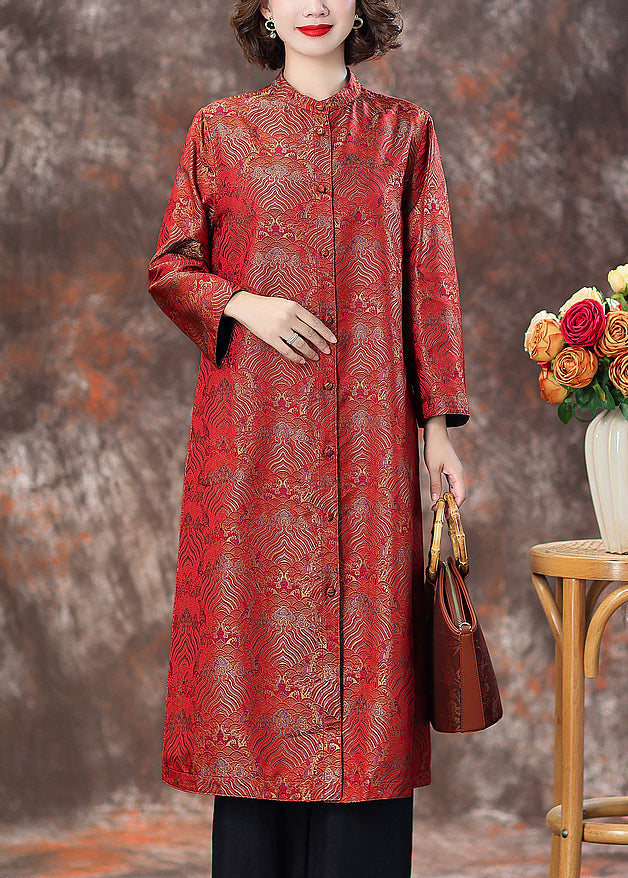 Top Quality Red Stand Collar Button Silk Coats Spring AA1040
