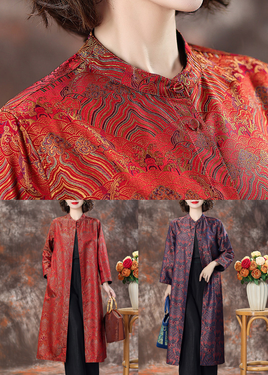 Top Quality Red Stand Collar Button Silk Coats Spring AA1040