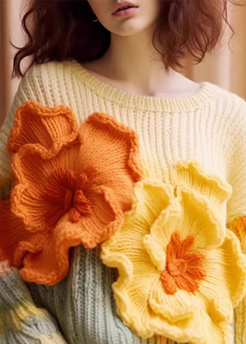 Unique Apricot Floral Cozy Cotton Knit Sweaters Long Sleeve QS029