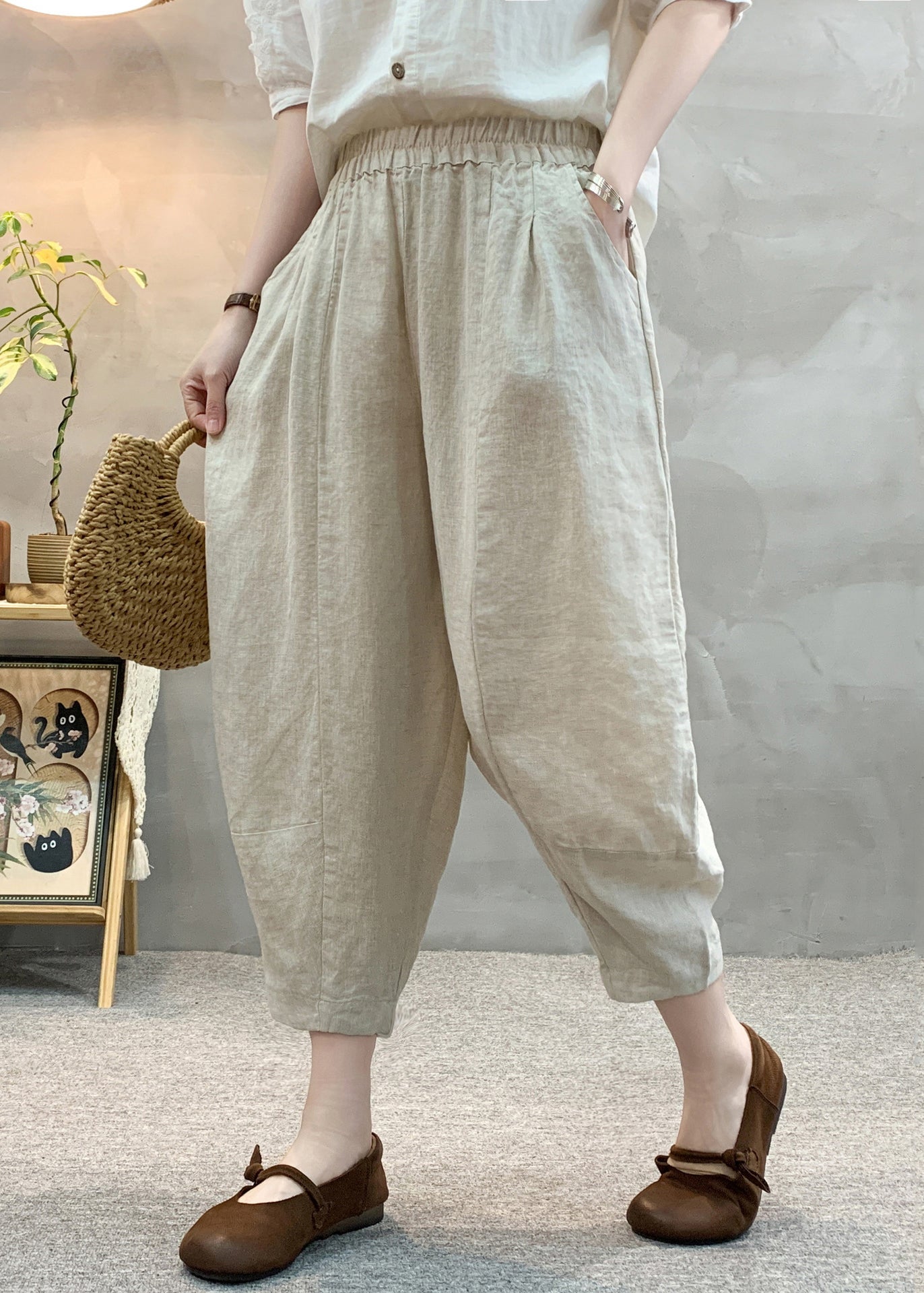Pantalon d'été oversize court en lin abricot unique