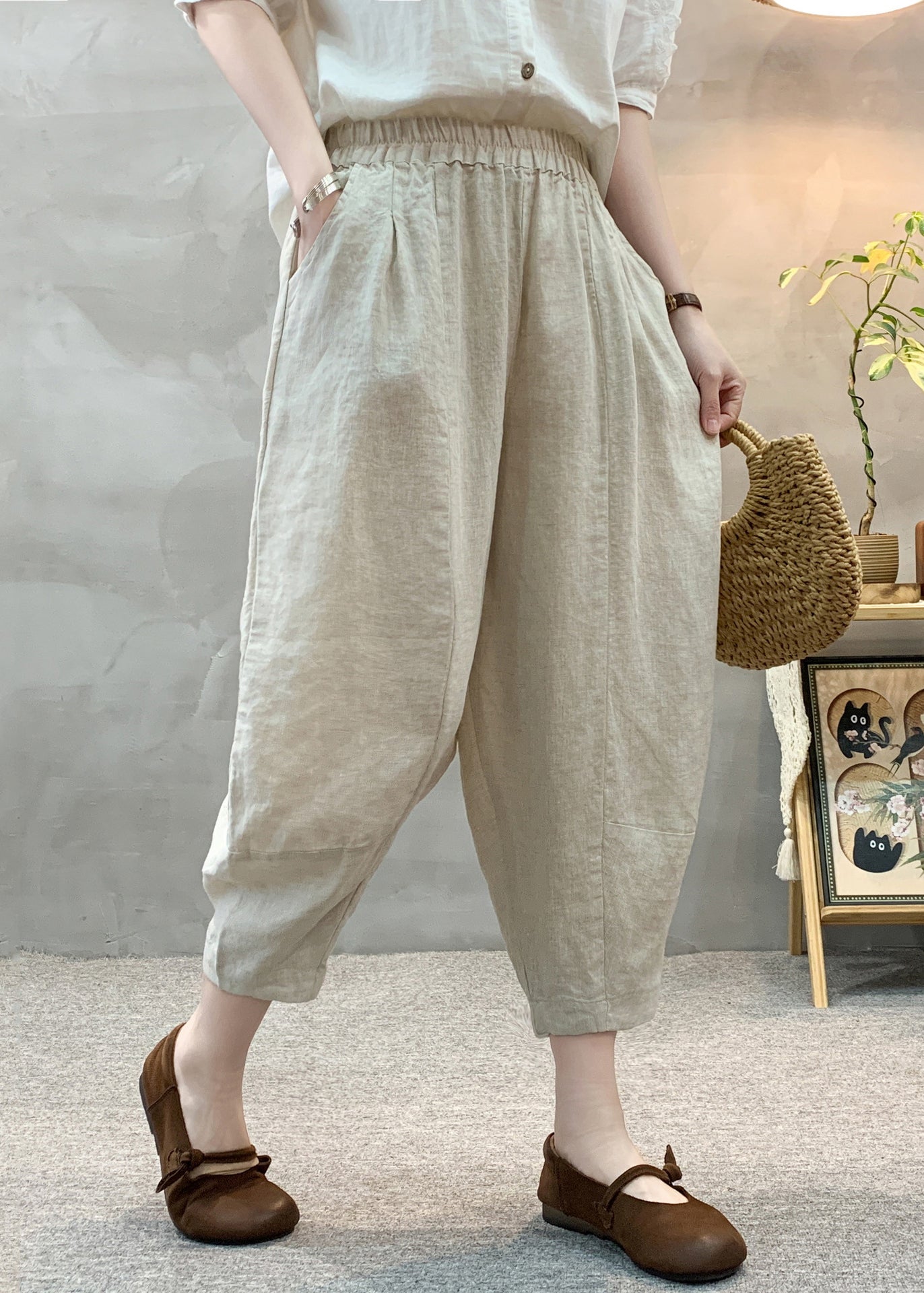 Pantalon d'été oversize court en lin abricot unique