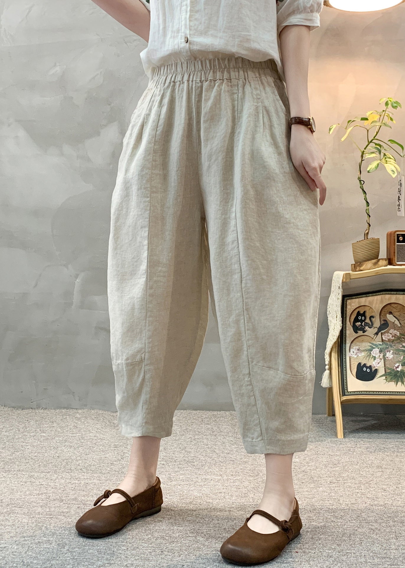 Pantalon d'été oversize court en lin abricot unique