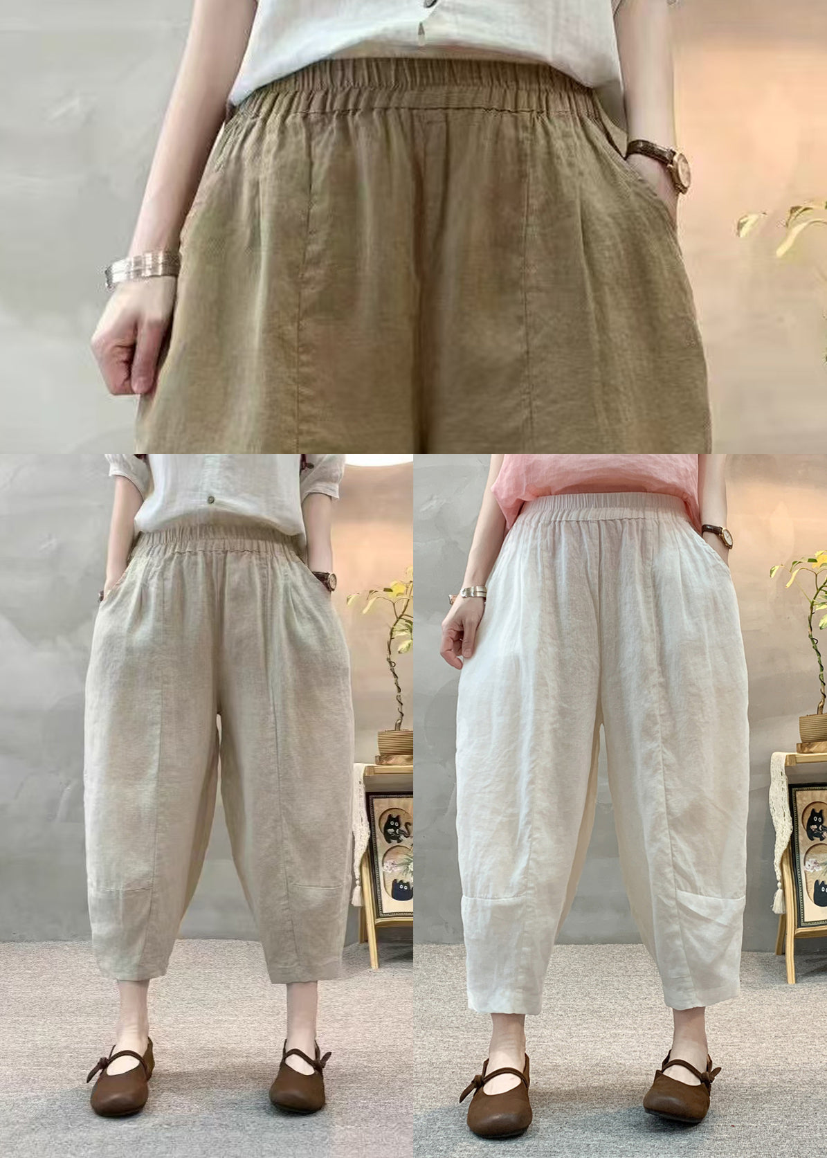 Pantalon d'été oversize court en lin abricot unique