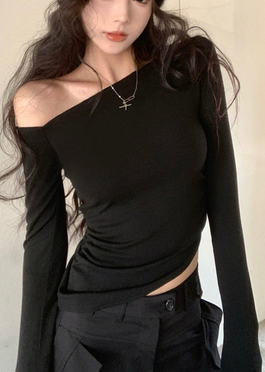 Cotton Black Asymmetrical Design Shirts Unique