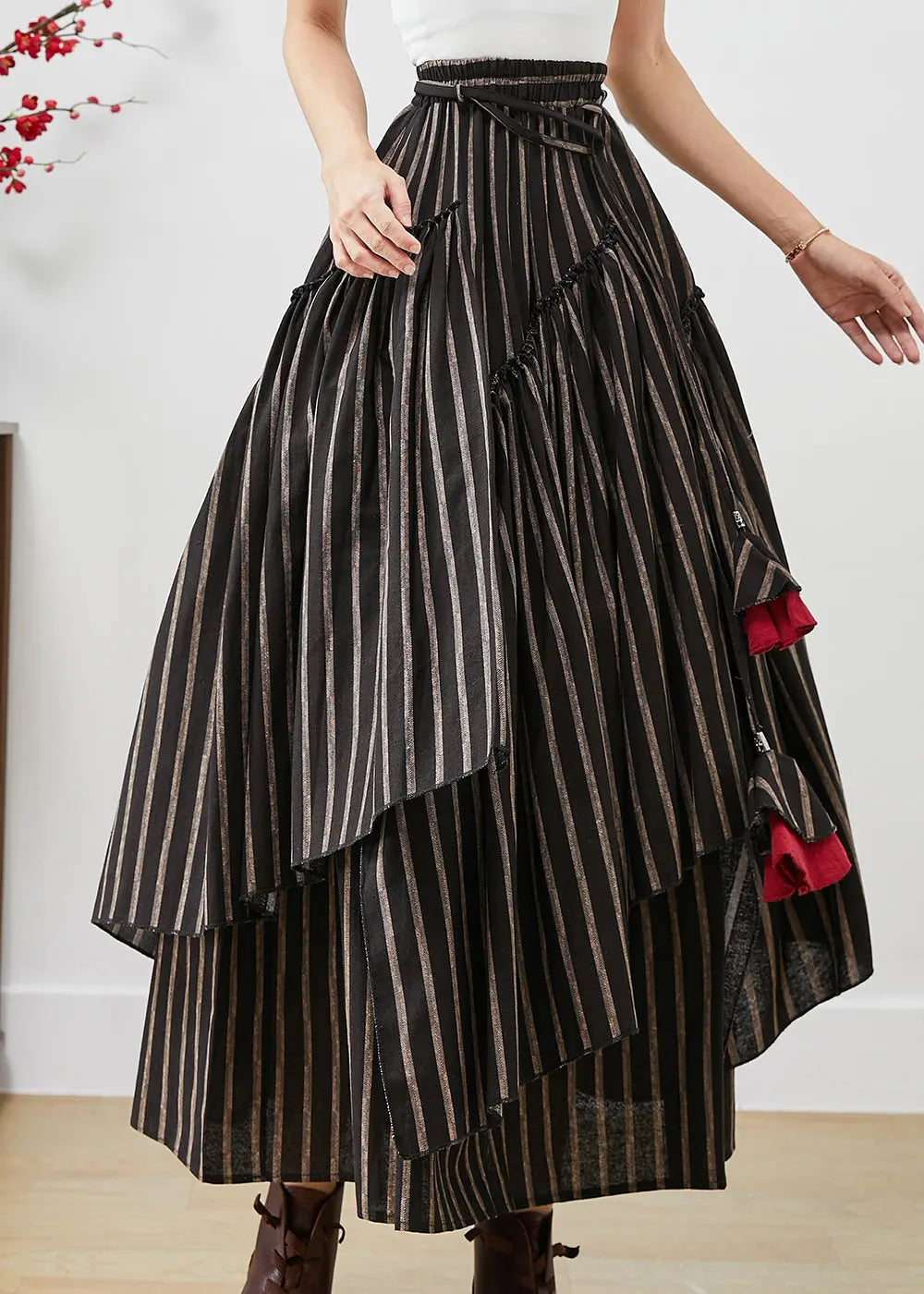 Unique Black Asymmetrical Striped Cotton Skirt Fall Ada Fashion