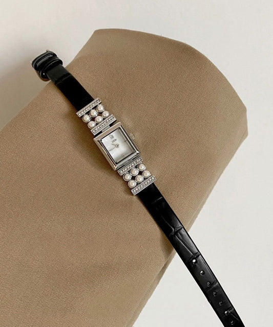 Montres en cristal noir, cuir, zircon, perle, Hardlex, uniques