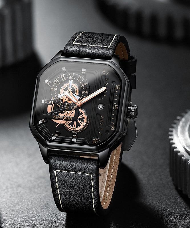 Montres en cuir uniques à quartz noctilucent noir