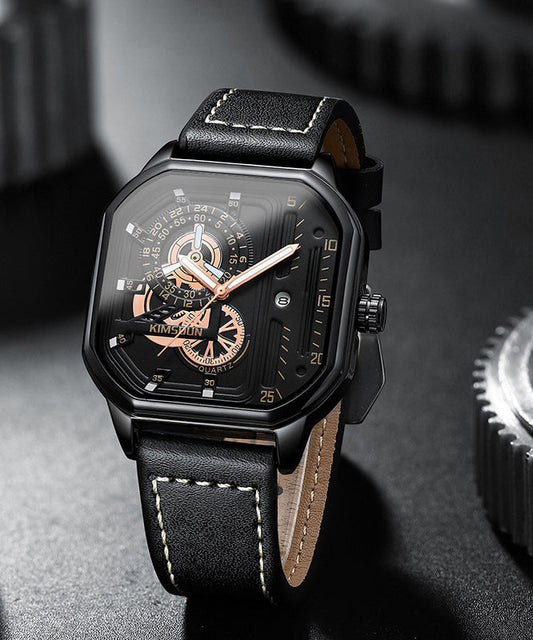 Montres en cuir uniques à quartz noctilucent noir