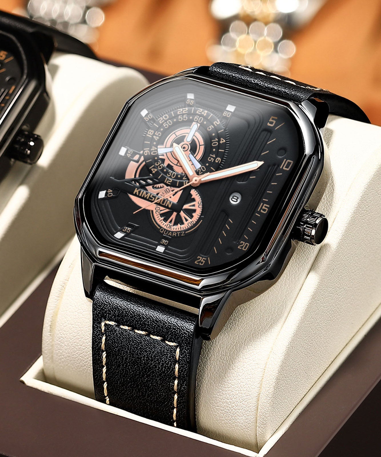 Montres en cuir uniques à quartz noctilucent noir