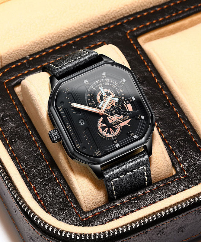 Montres en cuir uniques à quartz noctilucent noir