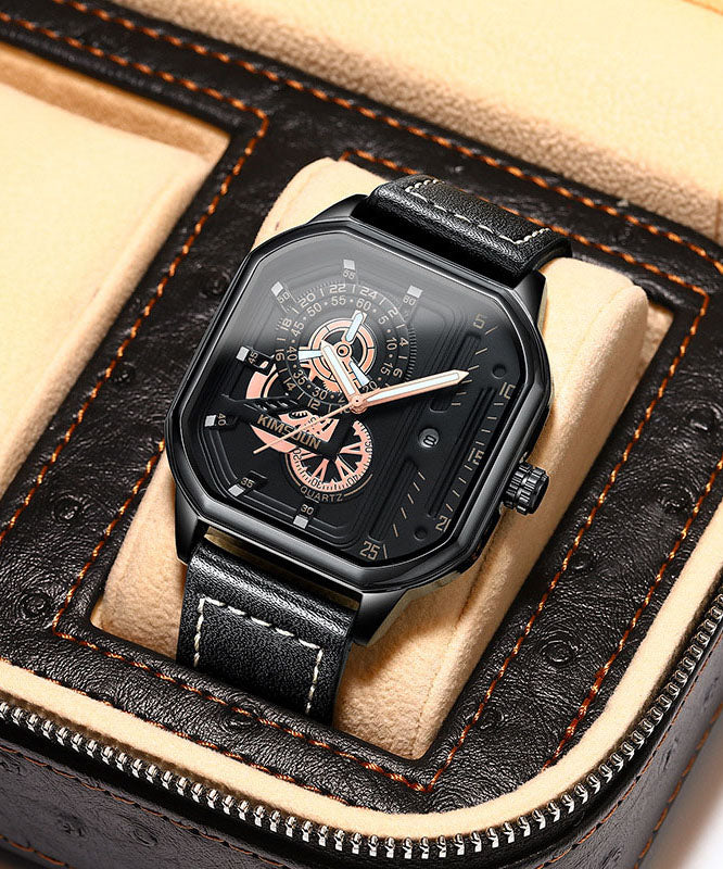 Montres en cuir uniques à quartz noctilucent noir