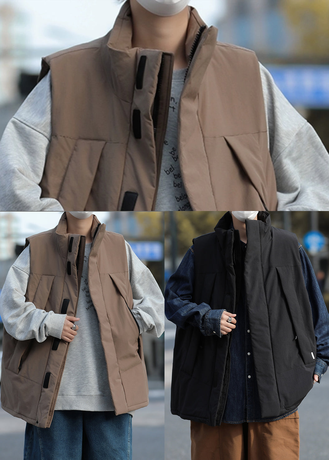 Gilet d'hiver surdimensionné noir unique en coton fin pour homme TK020