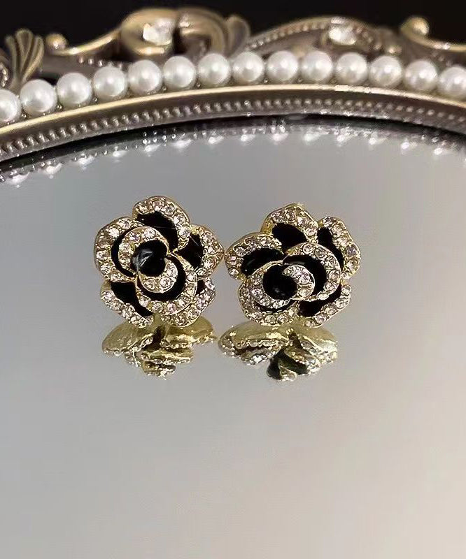 Silver Black Unique Overgild Stud Floral Earrings Srerling Zircon