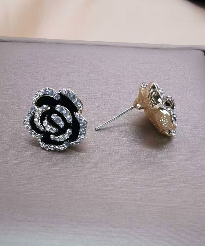 Silver Black Unique Overgild Stud Floral Earrings Srerling Zircon