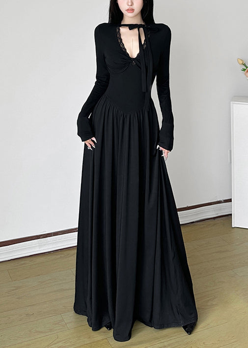 Einzigartiges schwarzes V-Ausschnitt-Kleid mit extra großem Saum, langes Frühlingskleid, YP006