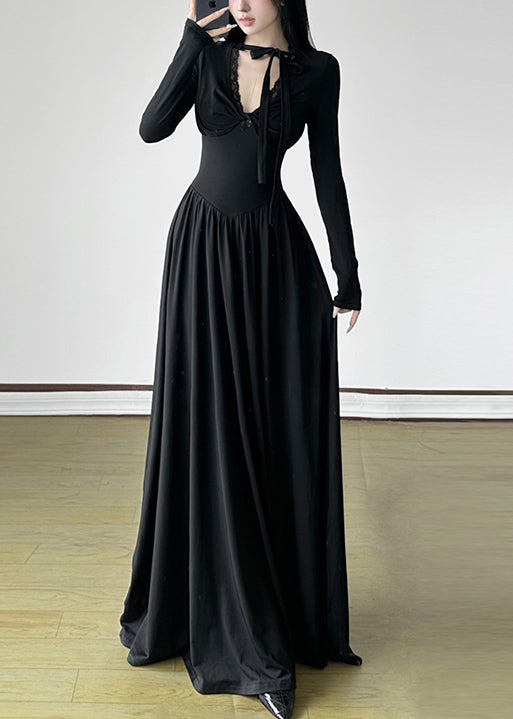 Einzigartiges schwarzes V-Ausschnitt-Kleid mit extra großem Saum, langes Frühlingskleid, YP006