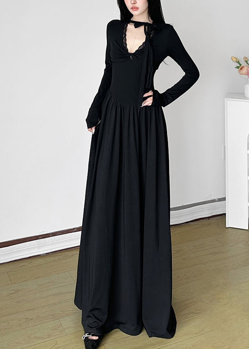 Einzigartiges schwarzes V-Ausschnitt-Kleid mit extra großem Saum, langes Frühlingskleid, YP006