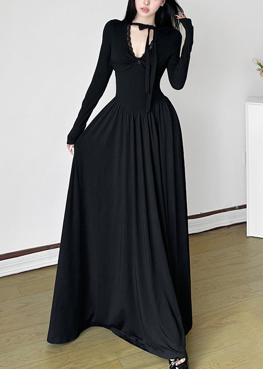 Einzigartiges schwarzes V-Ausschnitt-Kleid mit extra großem Saum, langes Frühlingskleid, YP006