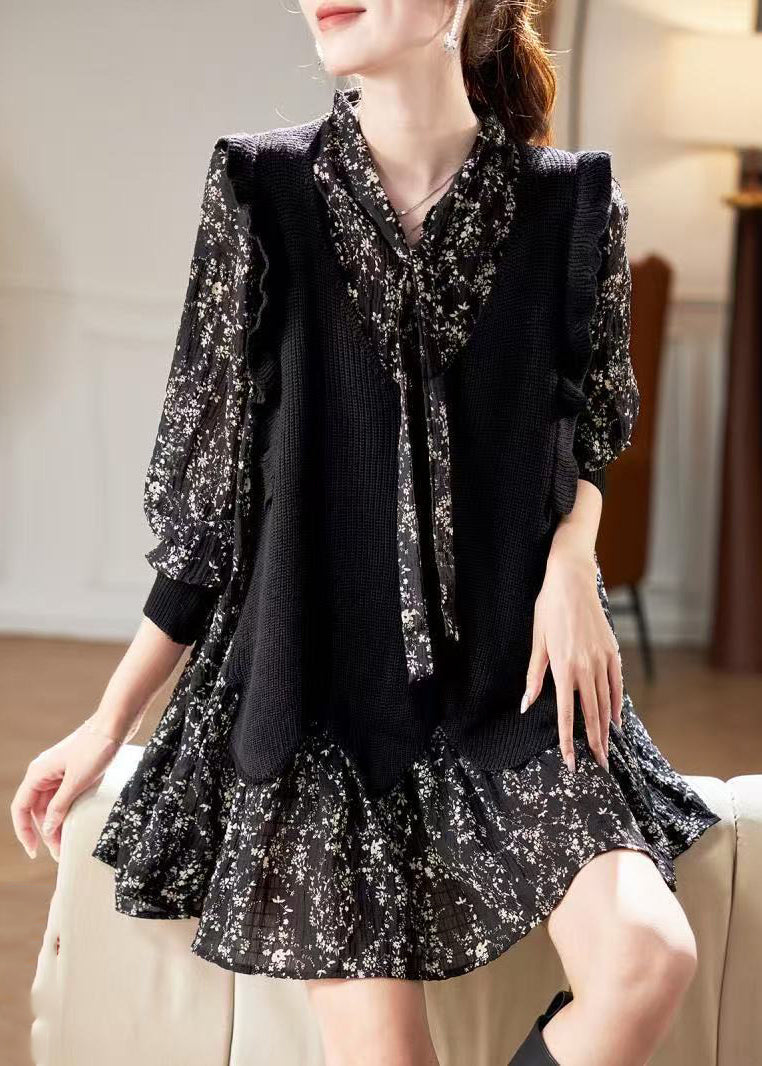 Robe col V imprimé noir en mousseline de soie unique printemps mi-longue