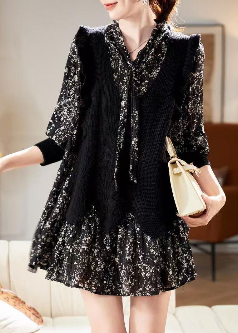 Robe col V imprimé noir en mousseline de soie unique printemps mi-longue