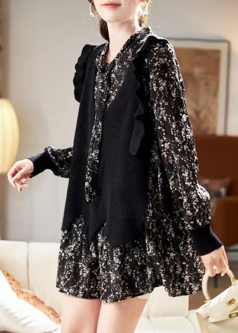 Robe col V imprimé noir en mousseline de soie unique printemps mi-longue