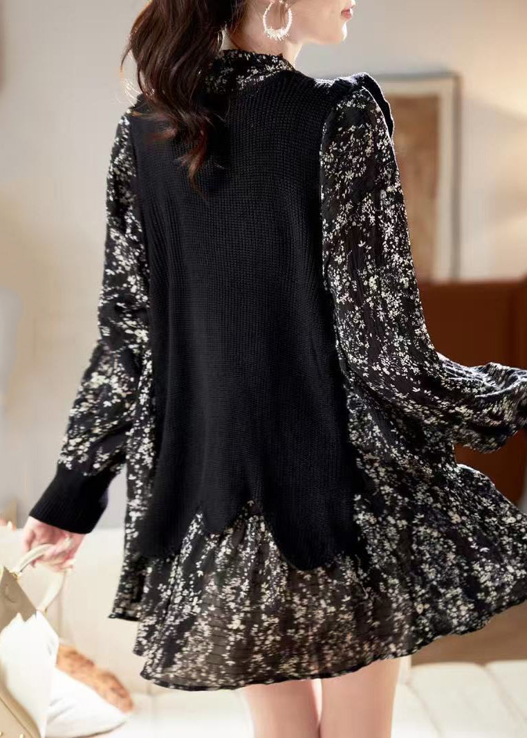 Robe col V imprimé noir en mousseline de soie unique printemps mi-longue