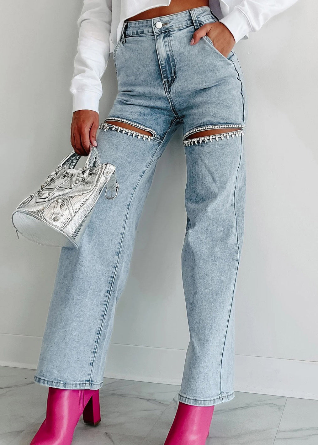 Blue Summer High Unique Straight Pockets Jeans Hole Waist